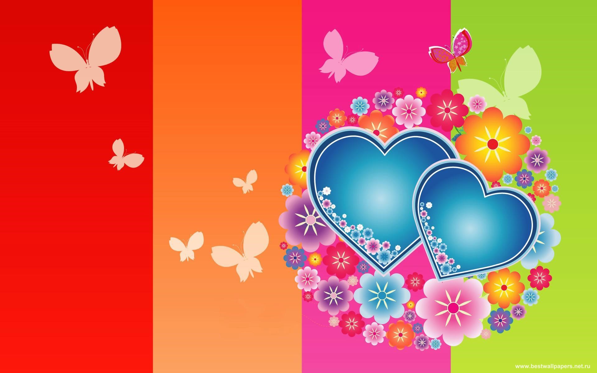 пестрый фон и разноцветные сердечки с бабочками